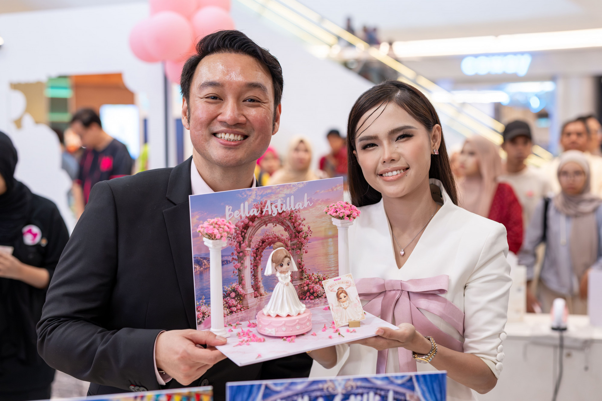 Bella Astillah and Datuk Millan Lee at the Bella's Blind Box launch, MILOLO flagship, Ombak KLCC Level 3